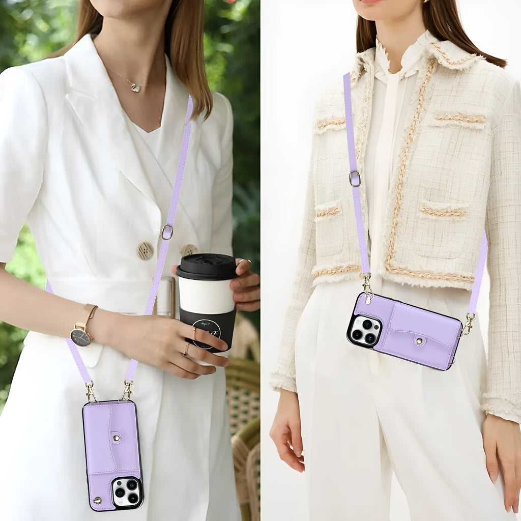 Crossbody faux leather iPhone phone case with card holder and shoulder strap, shown in black, rose gold, mint green, red, coffee and purple