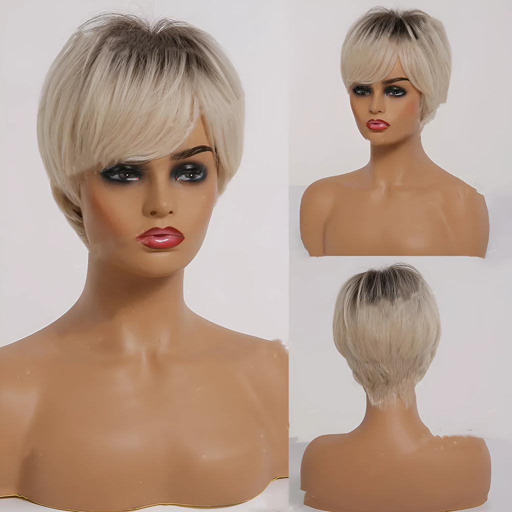 Short straight ombre blonde synthetic wig with bangs, 8 inch brown gradient gold, matte high temperature fibre, Rosenet cap