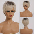 Short straight ombre blonde synthetic wig with bangs, 8 inch brown gradient gold, matte high temperature fibre, Rosenet cap