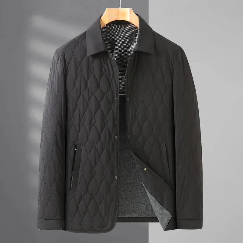 Men's lightweight cotton-padded diamond lattice jacket in black, gray green, and navy blue for autumn winter business casual wear