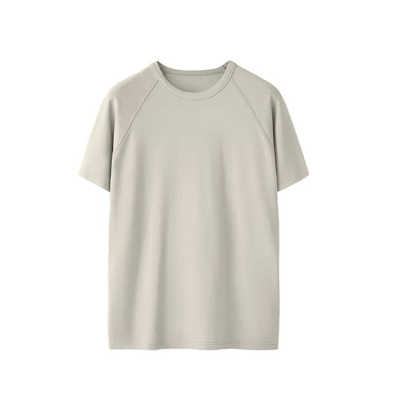 Slim fit stretch t-shirt in vest and short sleeve styles, shown in beige and active black colours.