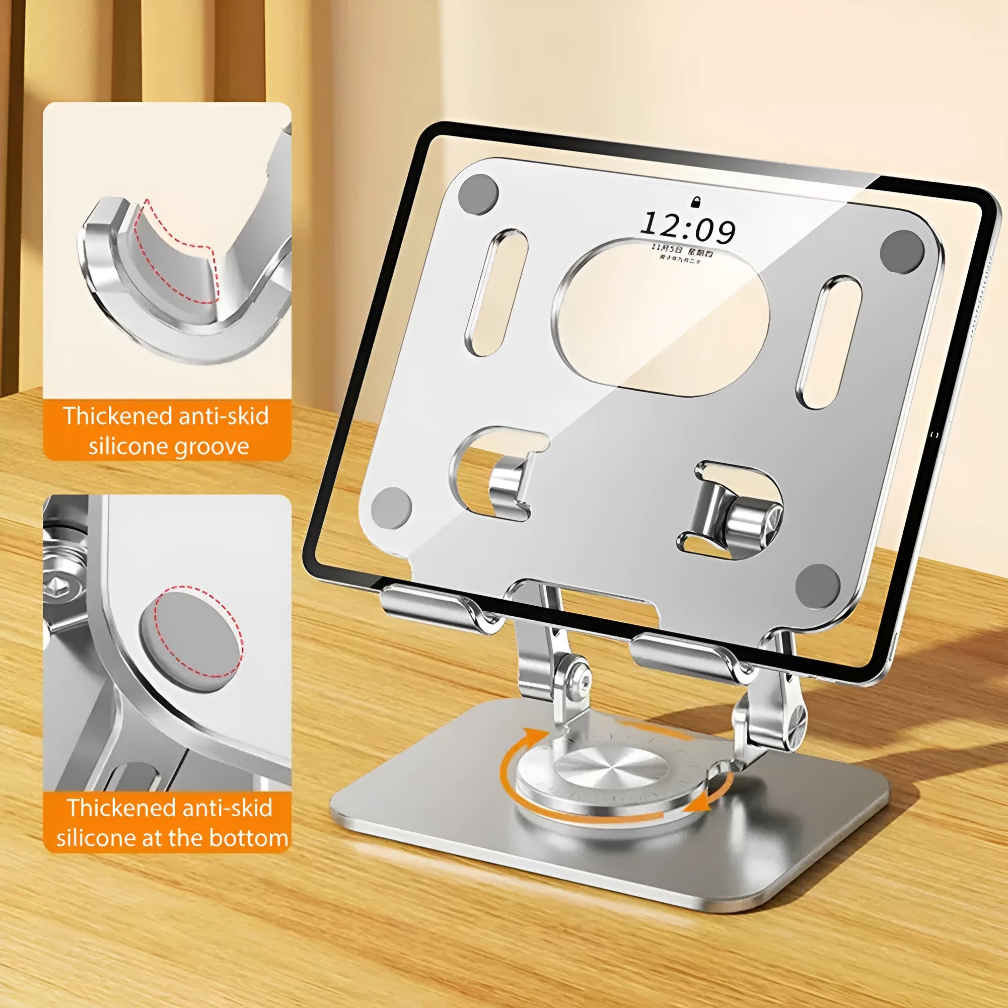 Rotating aluminium tablet stand with adjustable height in silver or black colour options