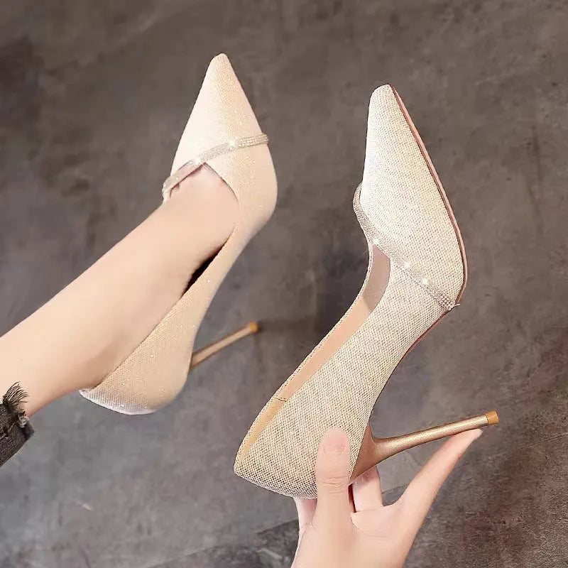 Women's black and gold stiletto pointed toe court shoes with 6cm and 9cm heel height options