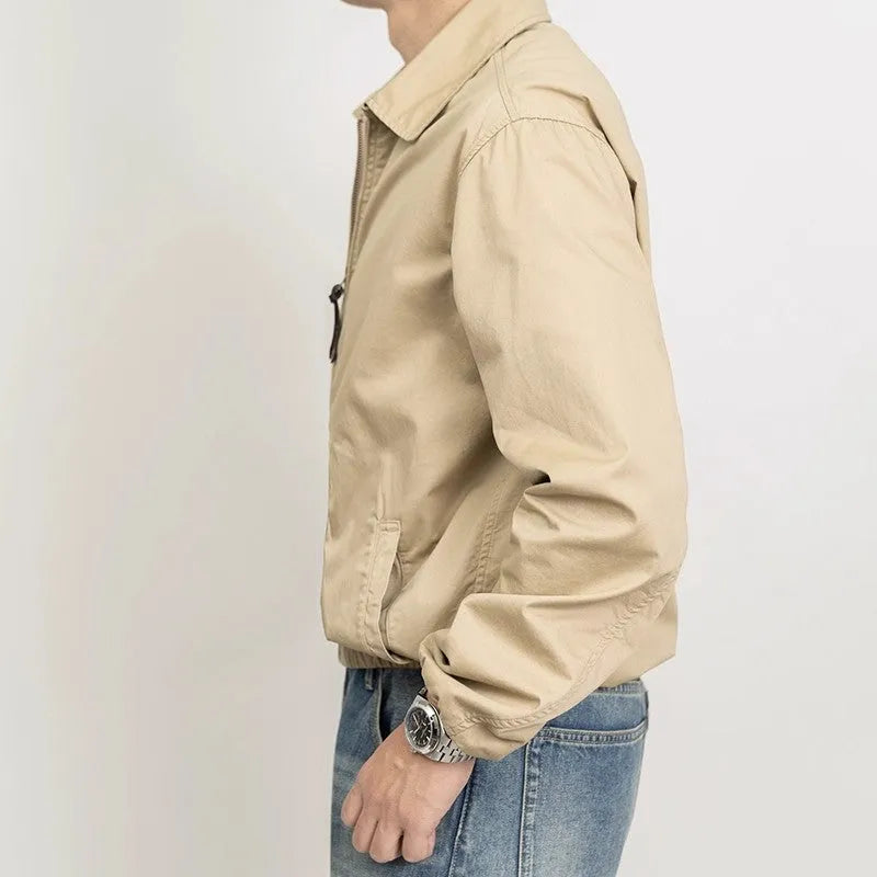 Classic khaki retro cadre collar zip thin jacket for men, loose fit, long sleeves, front view