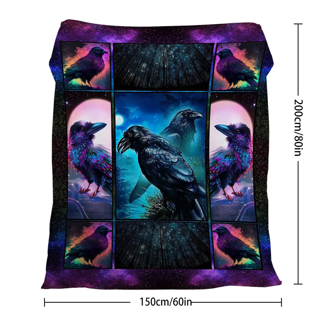 Colorful raven print flannel blanket in soft velvet, available in 75x100cm, 130x150cm, and 150x200cm sizes.