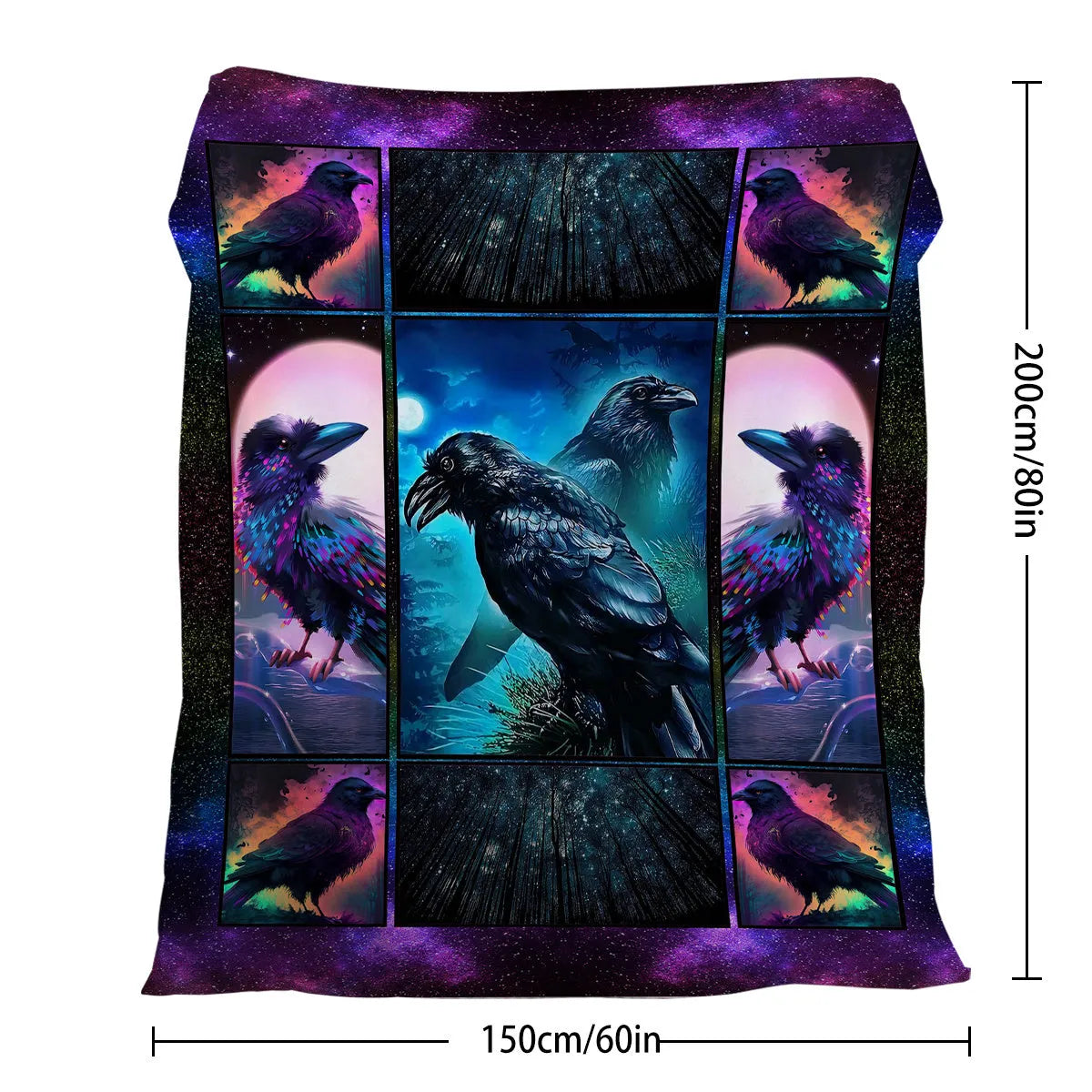 Colorful raven print flannel blanket in soft velvet, available in 75x100cm, 130x150cm, and 150x200cm sizes.