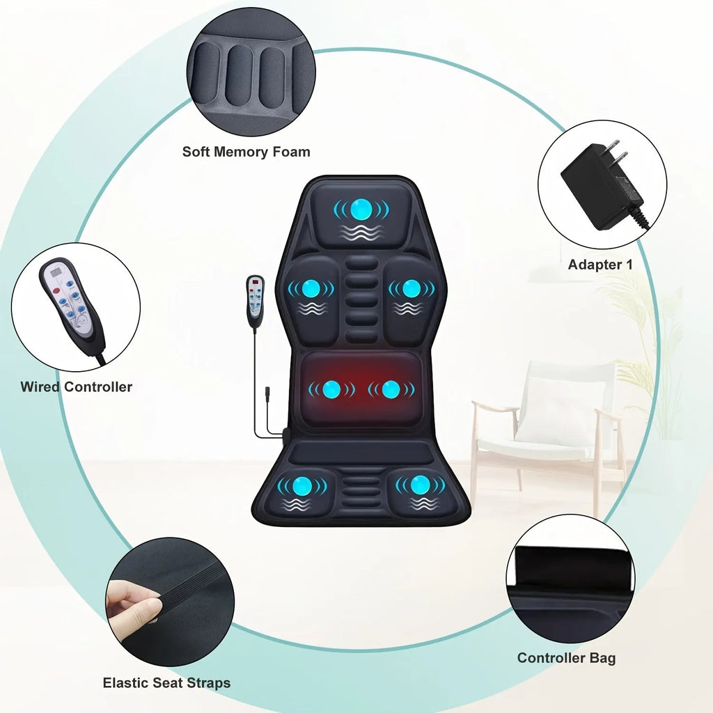 Massage cushion with heat showing control panel and multi-position design for back and neck relief