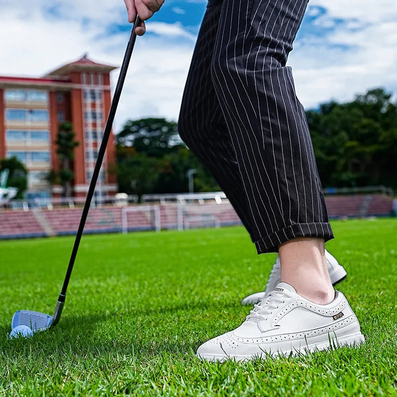 Men's golf shoes with genuine leather upper and non-slip rubber outsole in Lake Blue and White colours