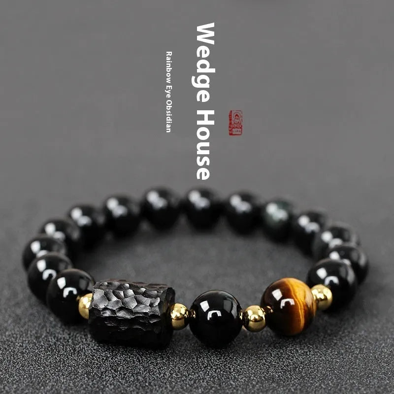 Obsidian bracelet with 10mm yellow tiger eye beads for men and women