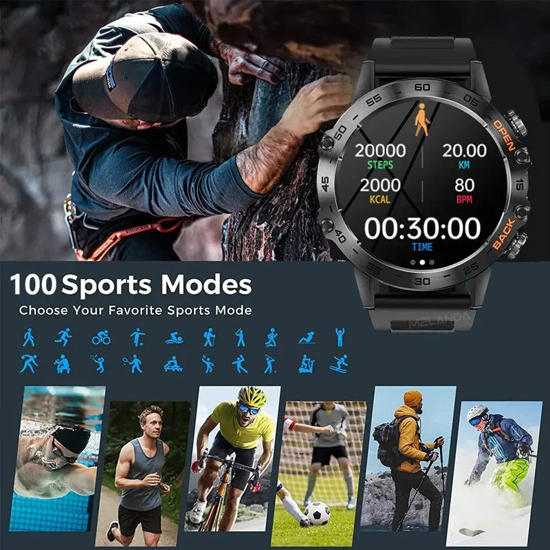 Bluetooth calling smart watch with IP68 waterproof case and colour options including black and silver straps