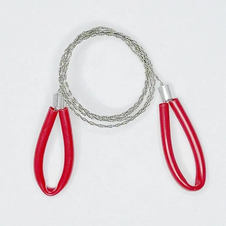 Outdoor survival hand wire saw with leather case, showing coiled stainless steel cutting line.