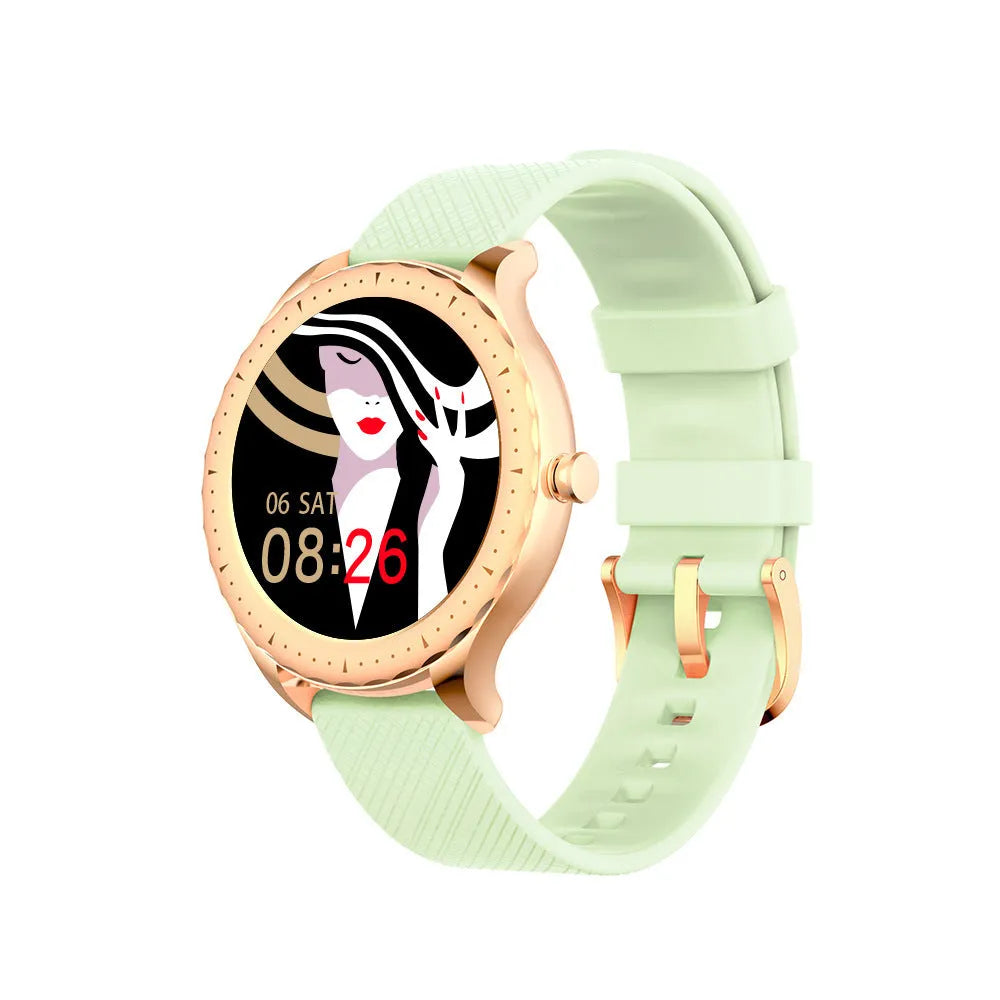 Women's round dial smart watch with 1.09 inch touchscreen, metal body, and silicone strap in multiple colours