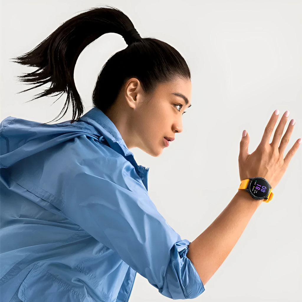 Dual band GPS smart watch with 1.43-inch touch screen and silicone strap in black, white, or blue