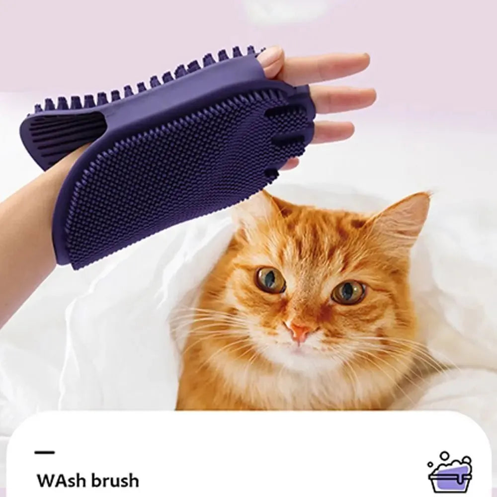 Purple pet grooming brush with dual-sided design and ergonomic handle for dog and cat bathing