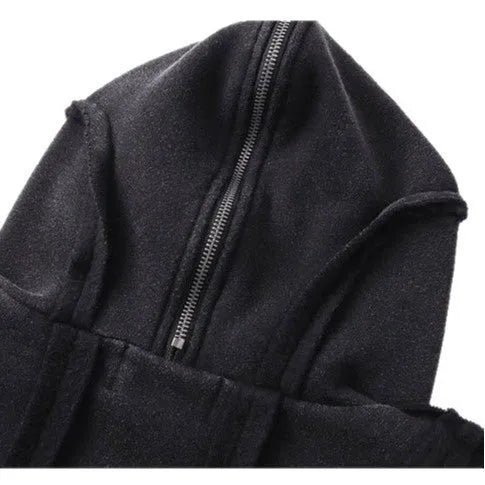 Black retro loose-fit cotton coat with a zip front, hood, and abstract pattern