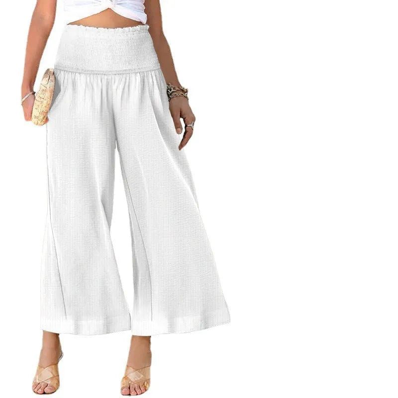 Women's high waist pleating casual cotton trousers in straight-leg cropped style
