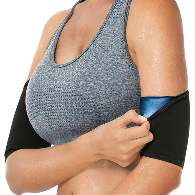 Adjustable neoprene sports armband with buckle, shown in blue, secured on an arm during exercise.
