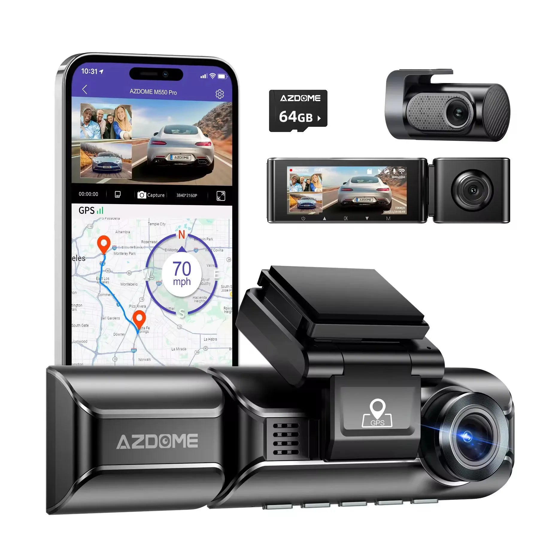 2K driving recorder dash cam with front and rear cameras, 3.0 inch screen, and mounting bracket
