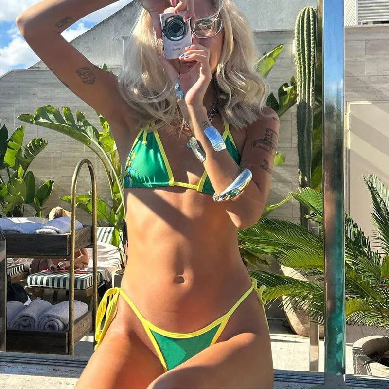 Women's green solid bikini set with high-cut briefs, polyester fabric, available in S, M, L