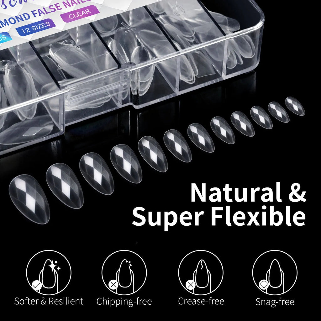 Pack of clear glitter nail extension tips showing 3D diamond design in various colours.