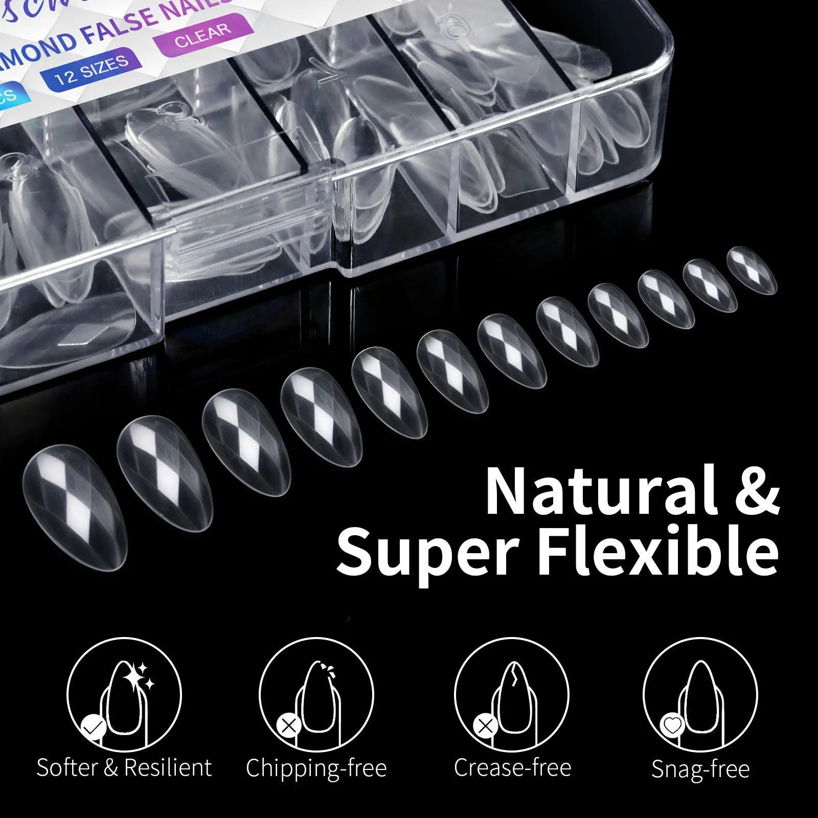 Pack of clear glitter nail extension tips showing 3D diamond design in various colours.