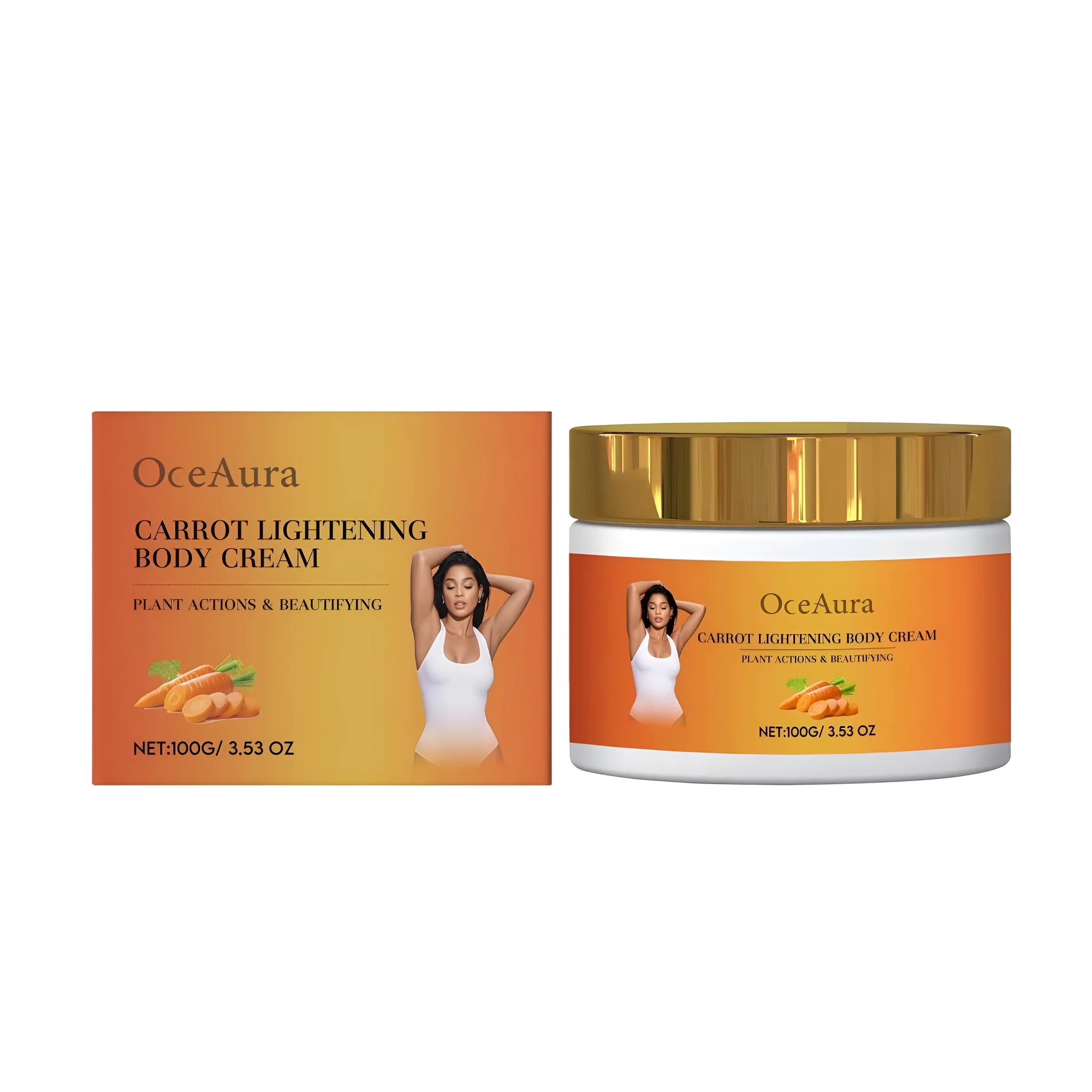 100g jar of carrot lightening body cream with vitamin C and licorice root extract.
