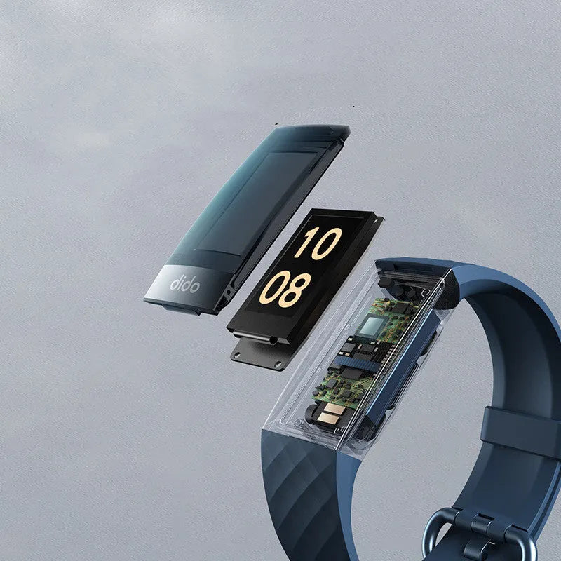 Y6 Black smart health bracelet with 1.1-inch screen on a wrist, showing blood pressure and heart rate data display.