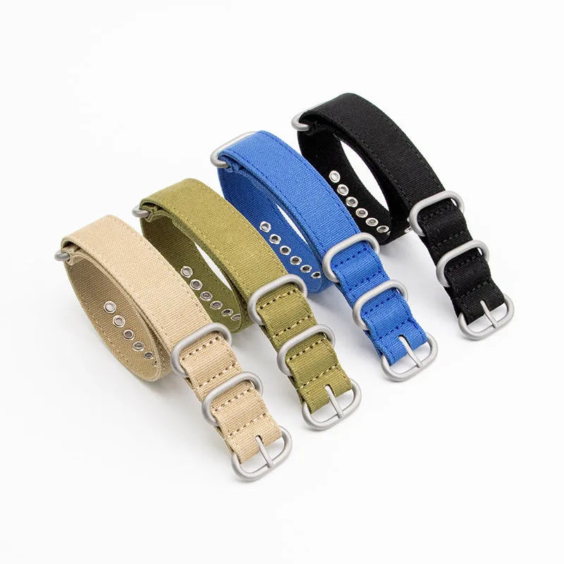 Canvas nylon thickened watch band in army green with silver buckle, 18mm to 26mm sizes available