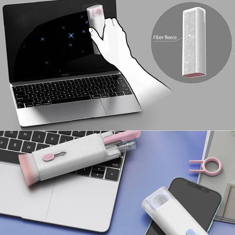 White electronic cleaning kit with cleaning pen, brush, keycap puller and spray bottle for laptops and earbuds