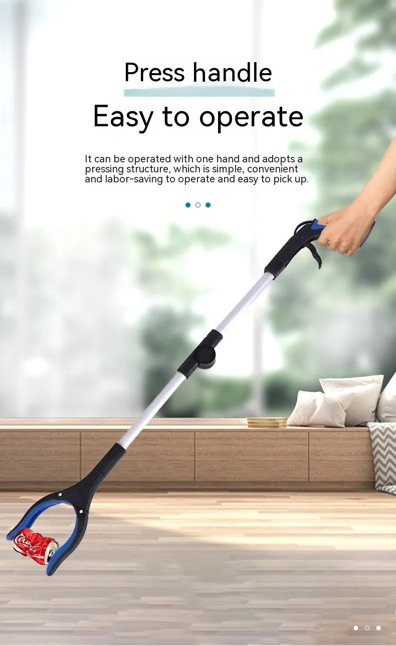 Foldable aluminium litter picker with magnet, shown extended and with blue handle.