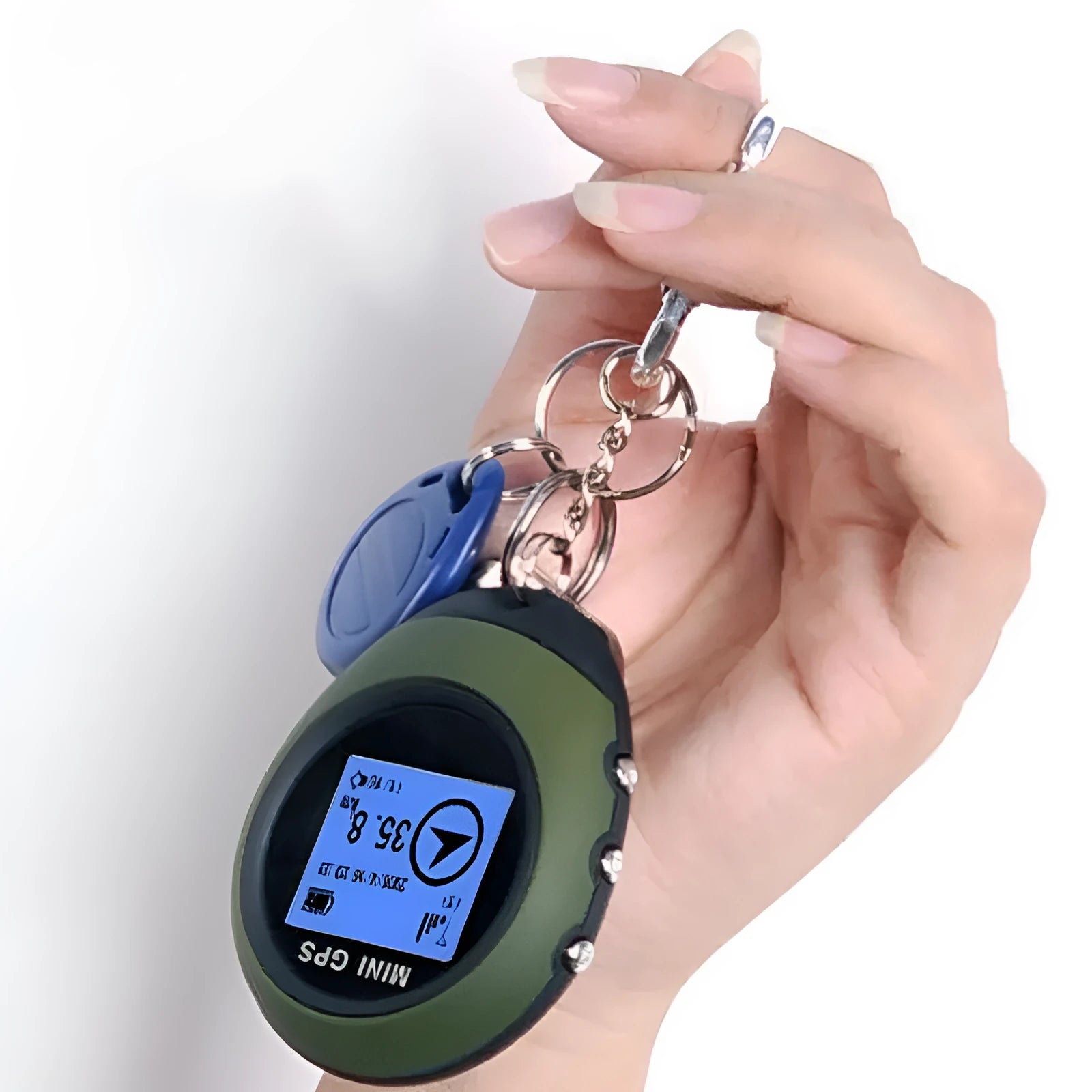 Mini GPS multi-function locator with matte finish, green colour, 65x52x21mm, handheld for outdoor use