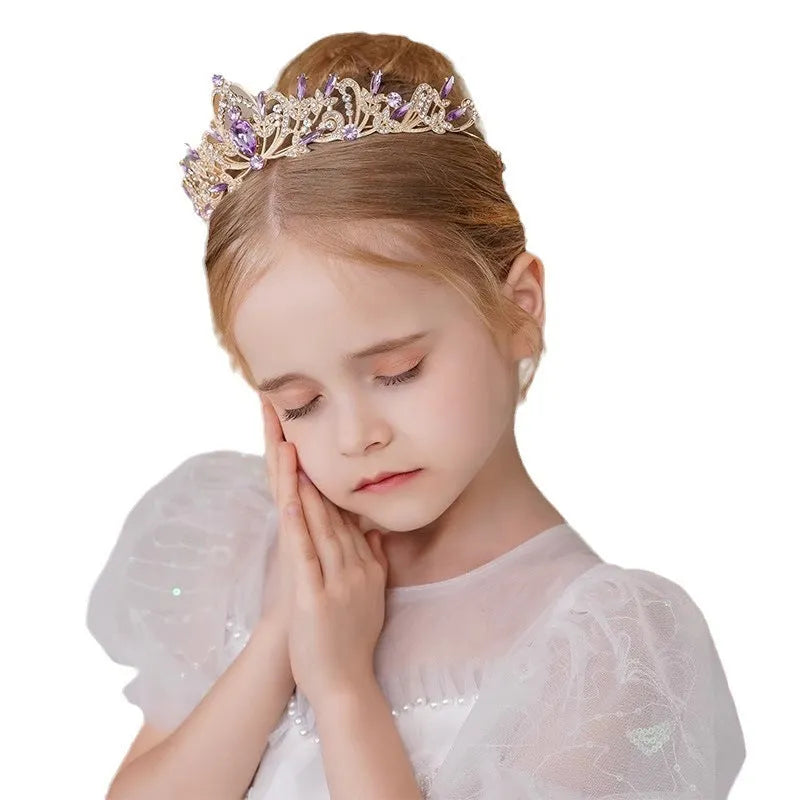 Children's simple purple rhinestone crown headdress with electroplated alloy hair band K9 pointed horse eye rhinestones