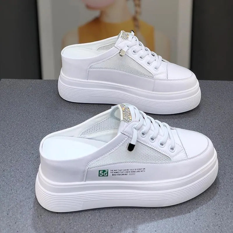 White women's platform shoes with mesh surface and heel-free design