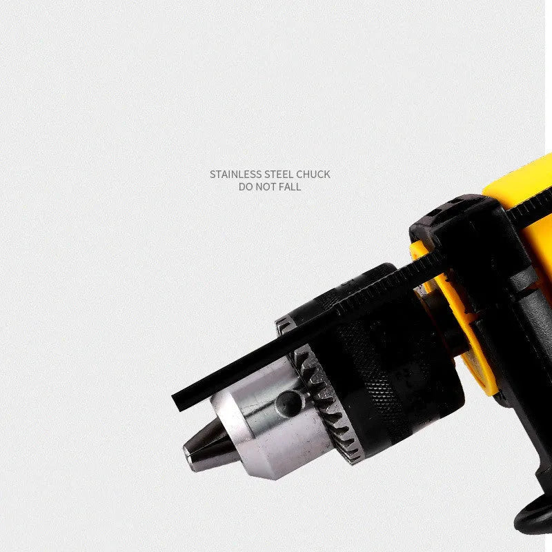 Black 710W electric impact drill with 13mm keyless chuck and variable speed trigger, on a white background