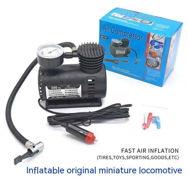 Black plastic 12V mini car air pump for tyre inflation measuring 13.5cm long
