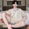 Men's ice silk pajama set with cardigan and shorts in satin jacquard plaid pattern