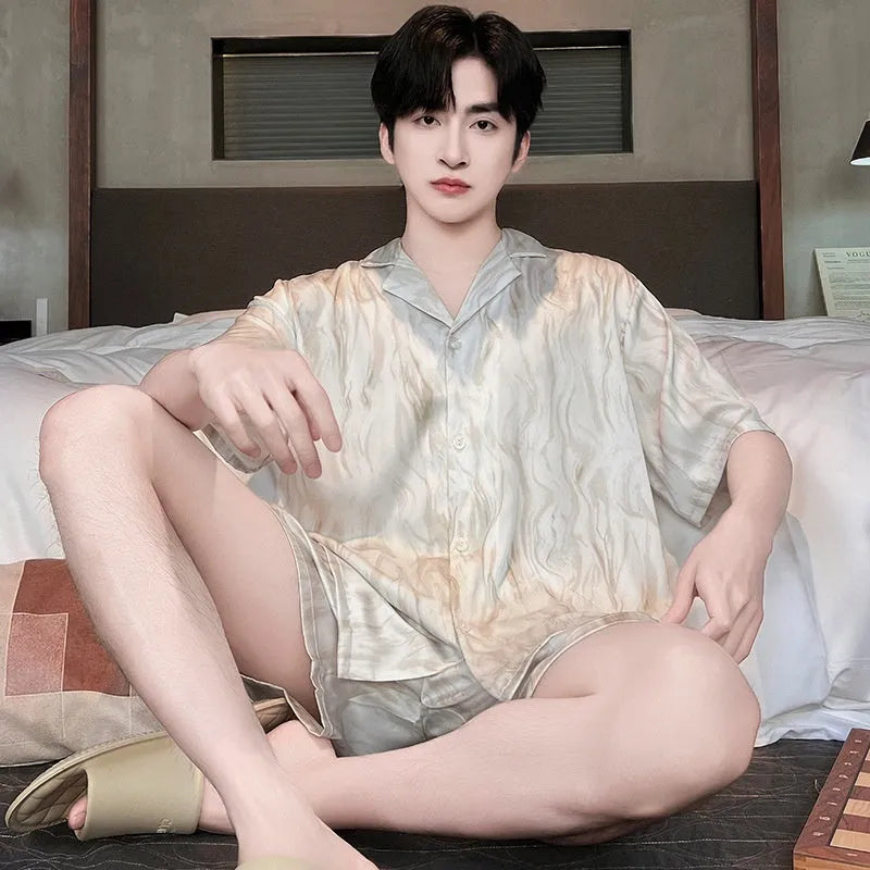 Men's ice silk pajama set with cardigan and shorts in satin jacquard plaid pattern