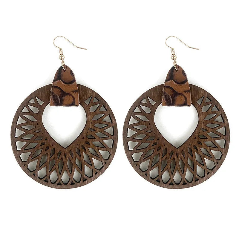 Set of six retro wooden hollow mandala exaggerated earrings with drop shape in geometry and round style