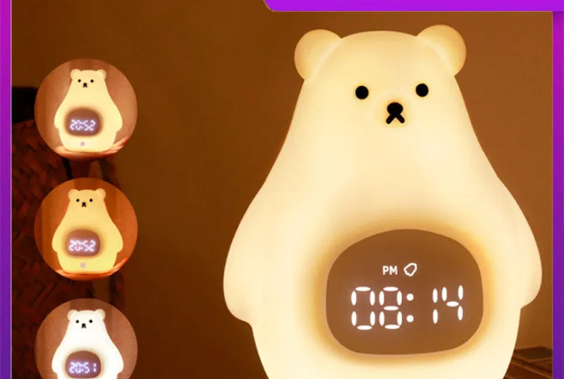 Big White Bear shaped silicone night light with remote control on a wooden bedside table