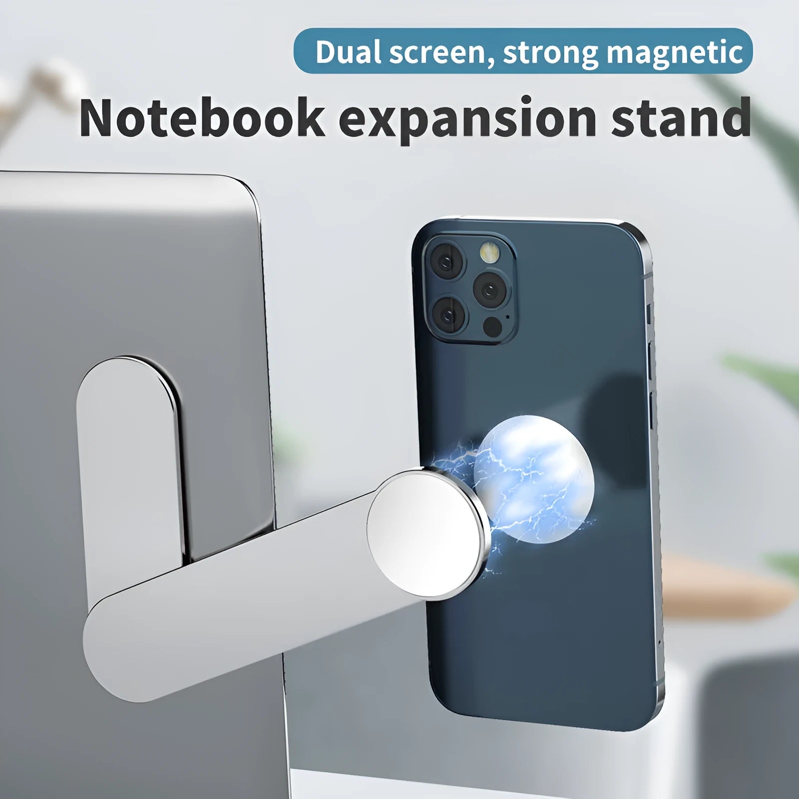 Silver aluminium alloy mobile phone and computer dual screen extension bracket with magnetic attachment on desk edge