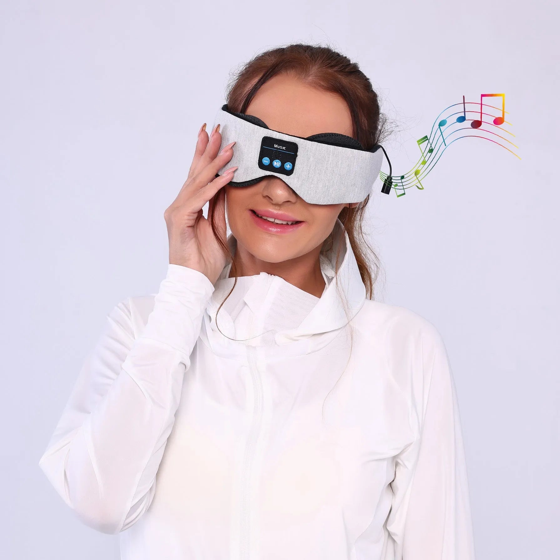 Grey polyester Bluetooth sleeping eye mask with elastic headband