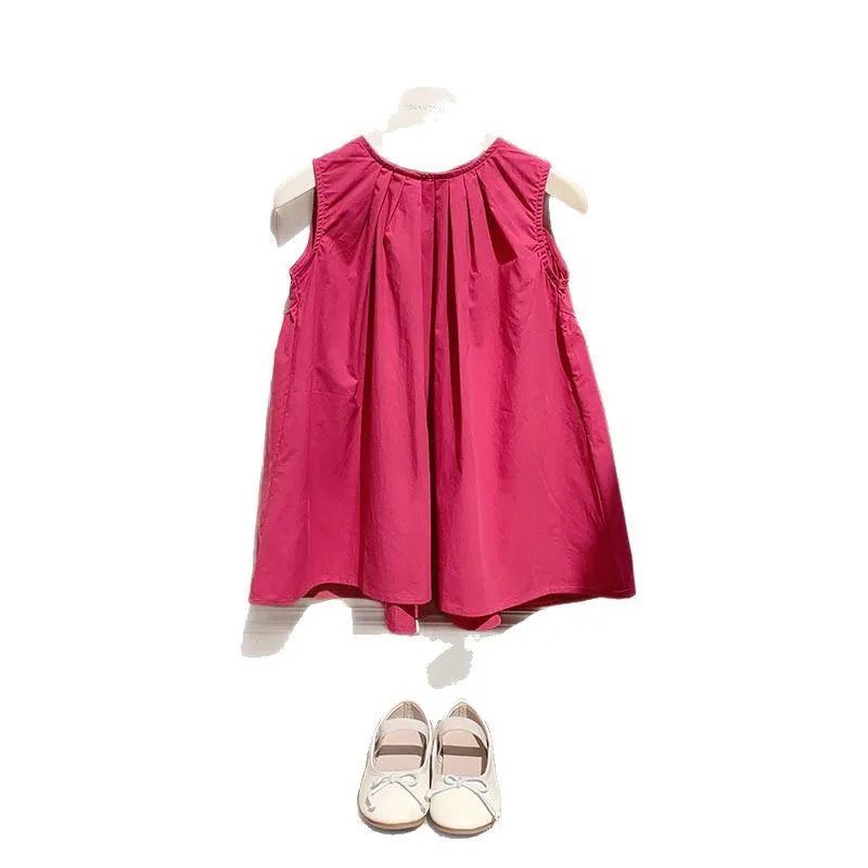 Children's cotton sleeveless A-line dress in rose red for girls summer wear