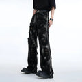 Men's long denim pants jacket with graffiti print in heavyweight washed fabric.
