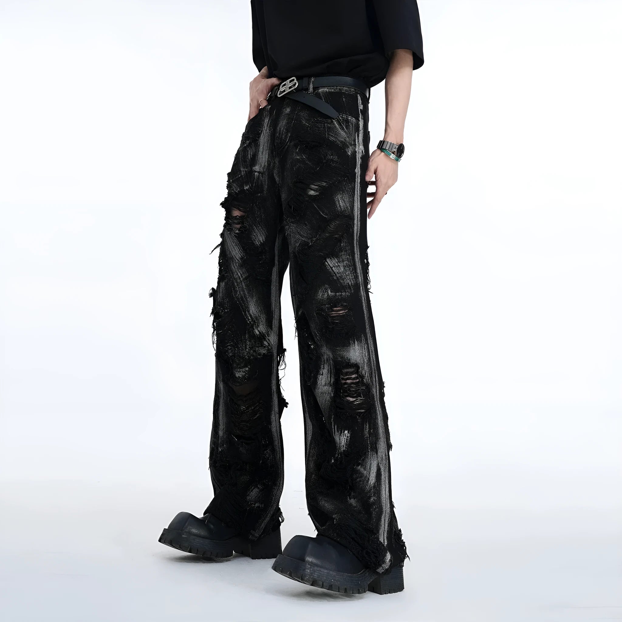 Men's long denim pants jacket with graffiti print in heavyweight washed fabric.