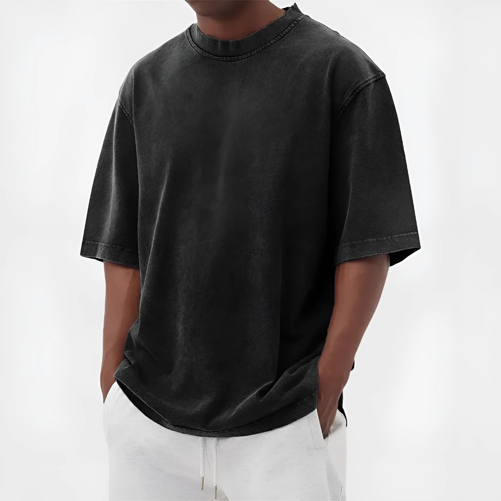 Men's stone washed loose fit t-shirt in a distressed solid colour, shown in Army Green.