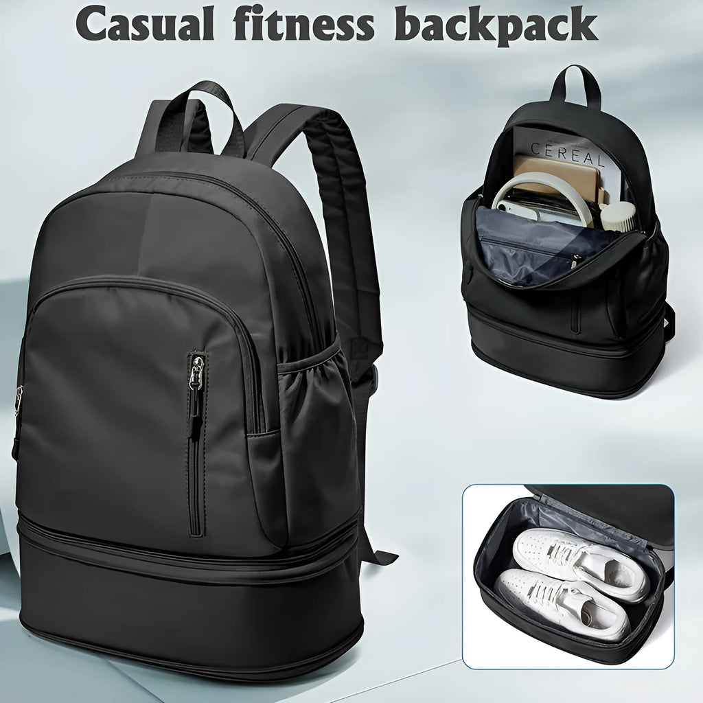 Waterproof polyester travel backpack in black colour showing curved shoulder straps and contrast stitching details