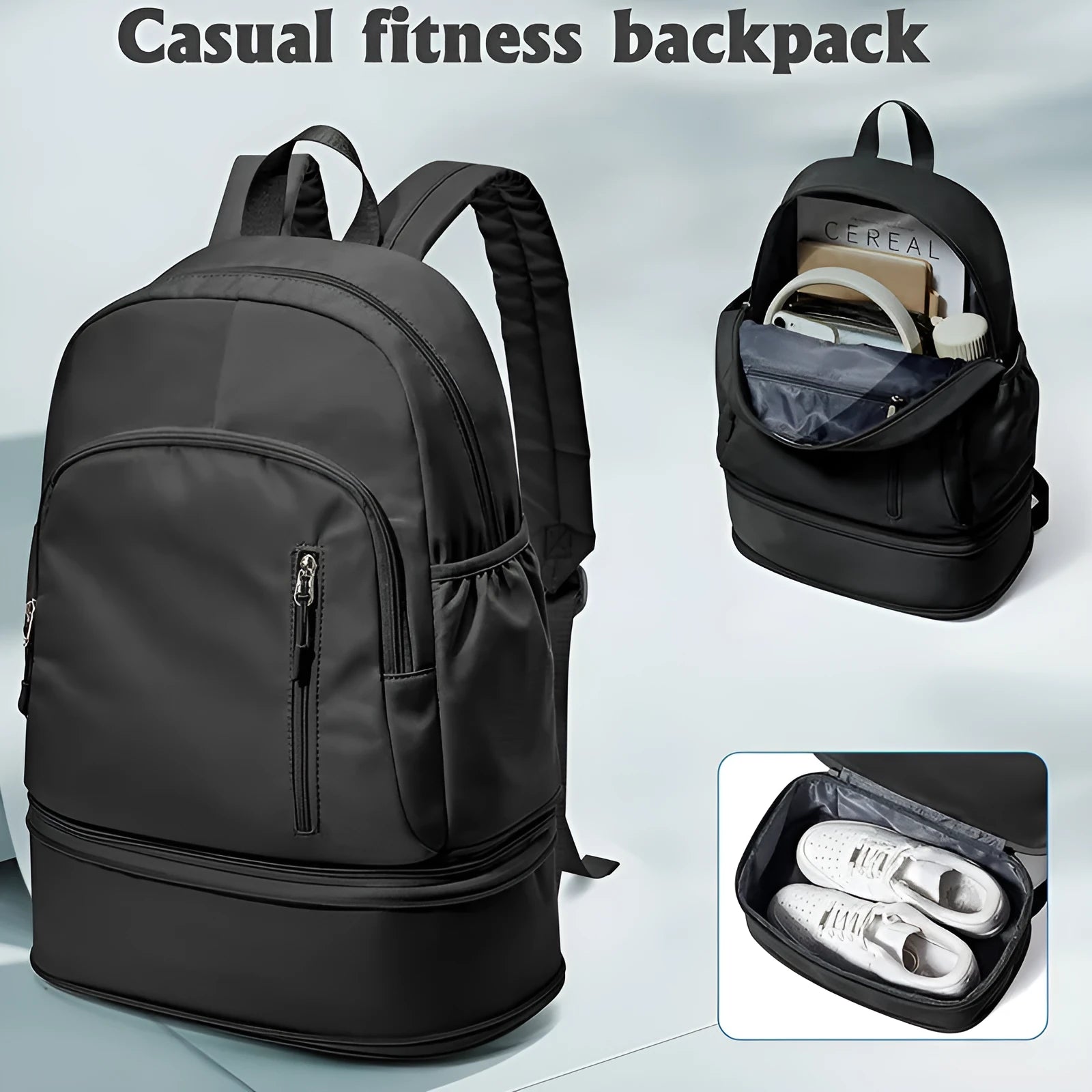 Waterproof polyester travel backpack in black colour showing curved shoulder straps and contrast stitching details