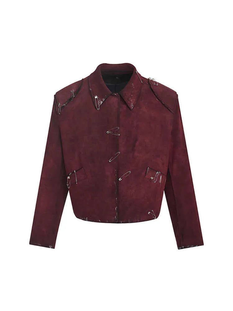 Red men's quilted jacket with decorative flocking pins and lapel collar in loose-fit style