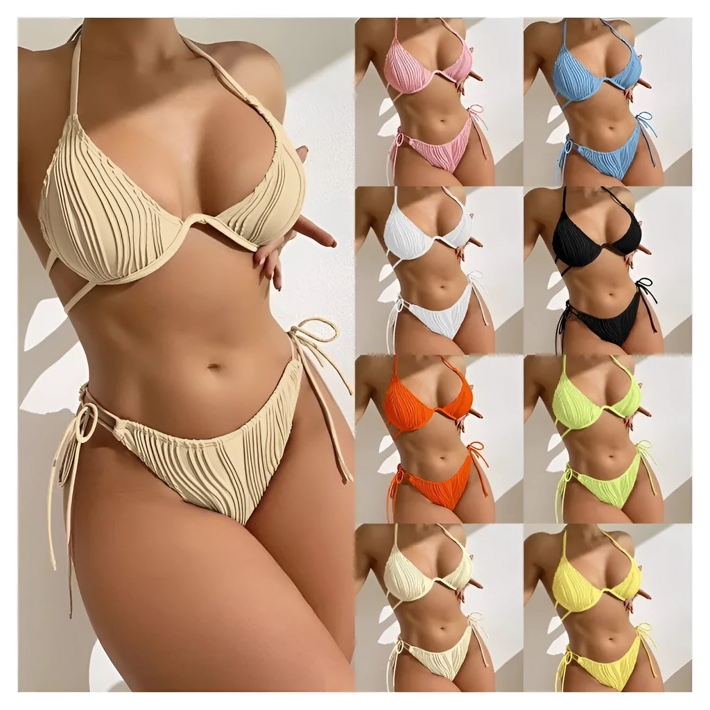 Women's apricot coloured bikini swimsuit with steel underwire bracket on a mannequin.