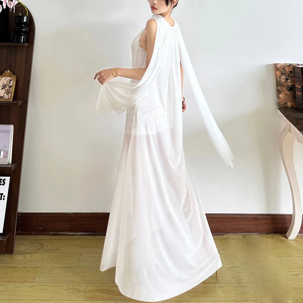 White women's halter dress with lace stitching, high waist, A-line long skirt, street fashion style